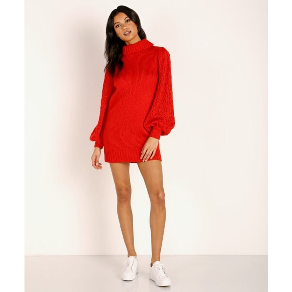 For Love & Lemons Red Francois Turtleneck Pointelle Sweater Dress Size S